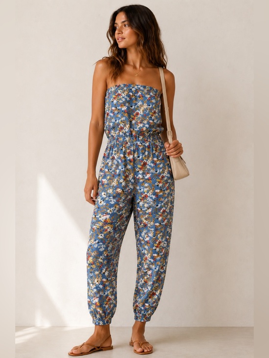 Sunday Best Pants - Aritzia Sunday Best Blue Floral Strapless Jumpsuit Size Medium